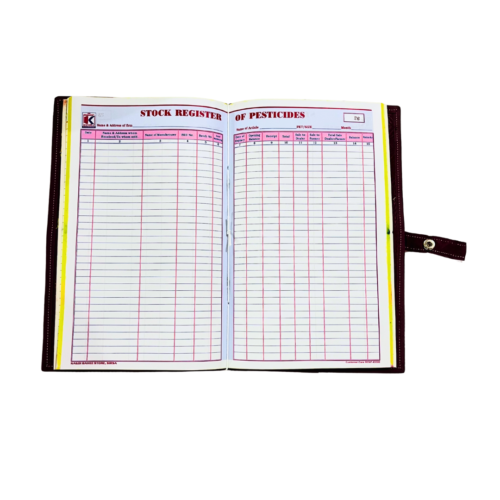 Open stock register book, dark brown cover, yellow edging, printed Stock Register of Pesticides, ruled columns, strap closure