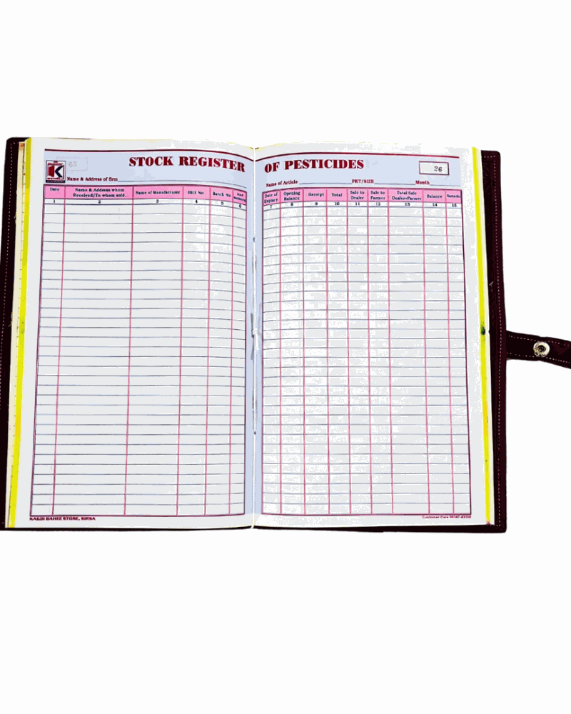 Open stock register book, dark brown cover, yellow edging, printed Stock Register of Pesticides, ruled columns, strap closure