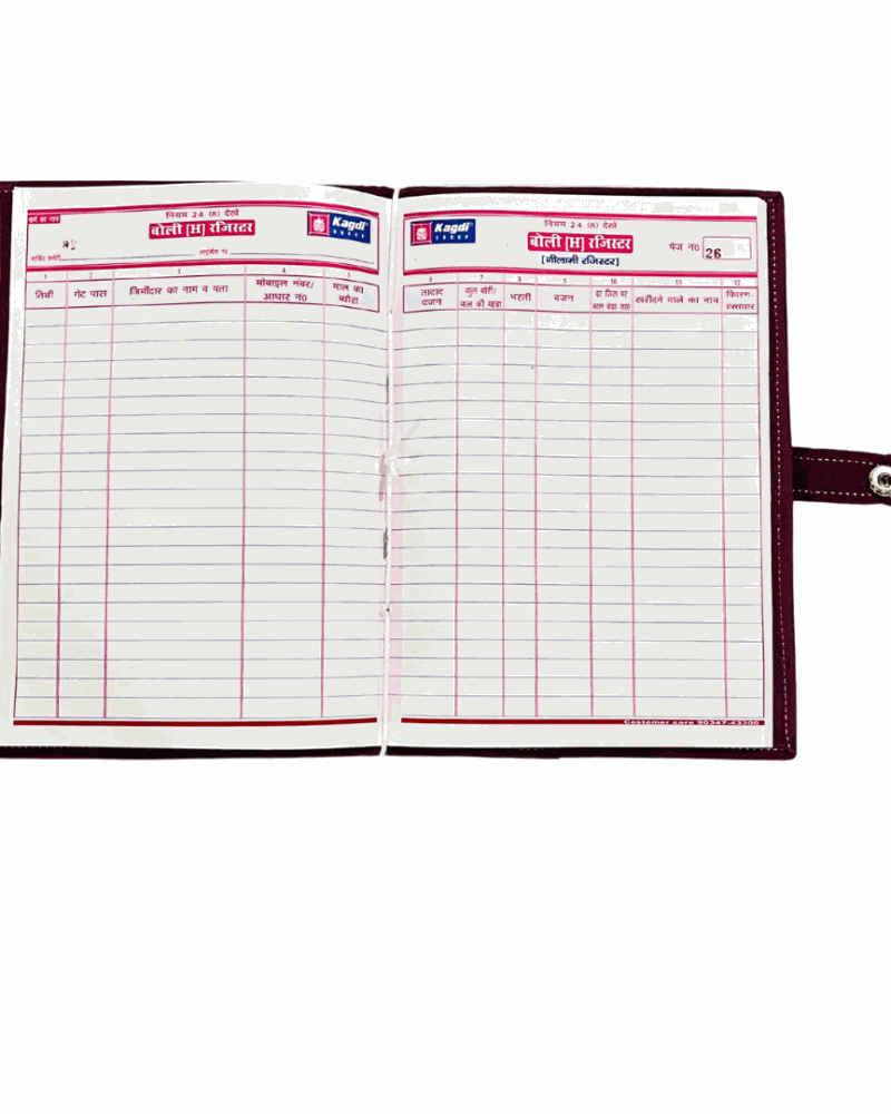 Open Boli-H Register with maroon cover and red ruled columns, strap closure