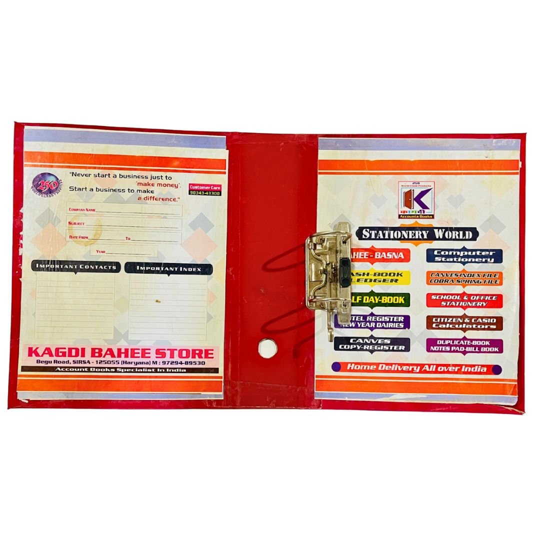 Open red clip file with metal clip, printed index pages; text: Stationery World, Kagdi