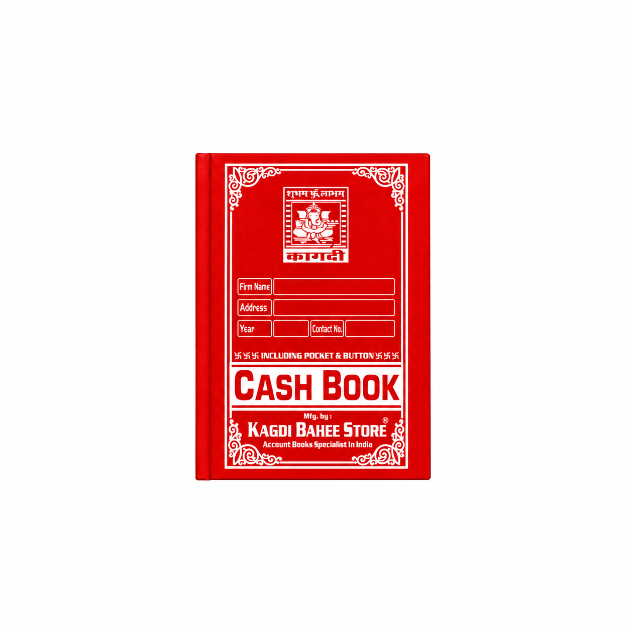 Single red Cash Book cover with white printed text, form fields, floral border, size 6x8 inch
